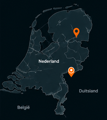 Kaart van Nederland met provincies en dealerlocaties in Vriezenveen en Nijmegen